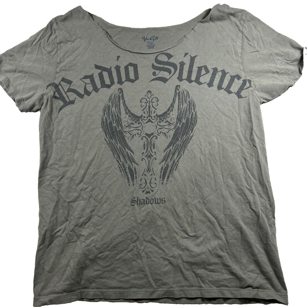 John Galt Radio Silence Angel Wings Graphic Tee Gray Short Sleeve Size M